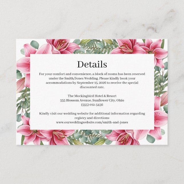 Recepción Tarjeta de Detalles de Boda con Lirio Stargazer (Anverso)