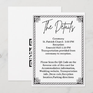 Recepción Tarjeta de detalles de boda con marco celta y códi