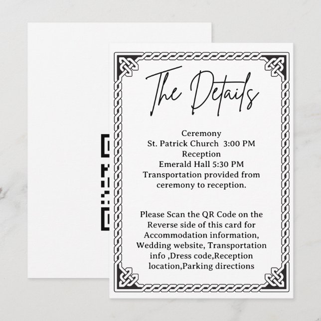 Recepción Tarjeta de detalles de boda con marco celta y códi (Anverso / Reverso)