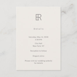 Recepción Tarjeta de Detalles de Boda con Monograma Minimali