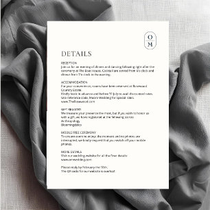 Recepción Tarjeta de Detalles de Boda con Monograma Minimali