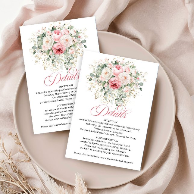 Recepción Tarjeta de Detalles de Boda con Rosas y Verdor Ref (Refined Blush Roses Greenery Wedding Details Card)