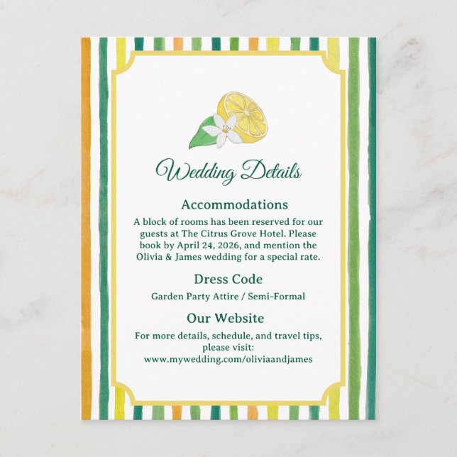 Recepción Tarjeta de detalles de boda con tema de limón cítr (Anverso)