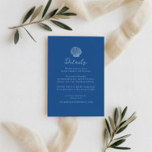 Tarjeta de detalles de boda costera concha azul fr