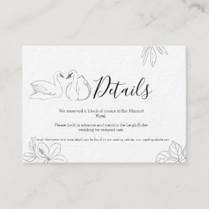 Recepción Tarjeta de detalles de boda de cisne dibujado y fl