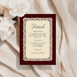 Recepción Tarjeta de detalles de boda de encaje borgoña
