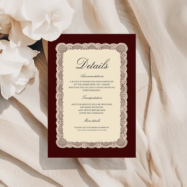 Recepción Tarjeta de detalles de boda de encaje borgoña (Subido por el creador)