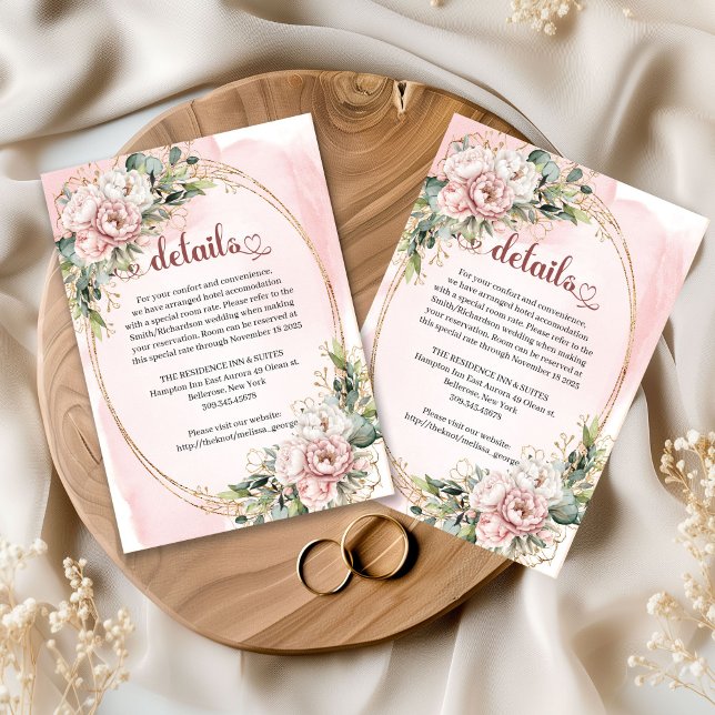 Recepción Tarjeta de detalles de boda de flores rosadas polv (Dusty Pink Flowers Eucalyptus Wedding Details Card)