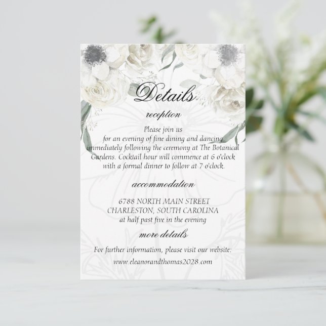Recepción Tarjeta de detalles de boda de flores verdes blanc (Anverso de pie)