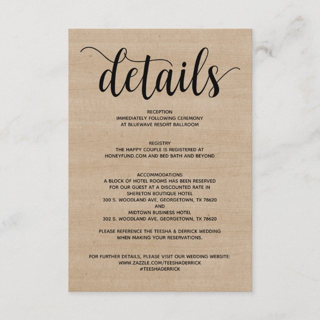 Recepción Tarjeta de detalles de boda de granja rústica (Anverso)