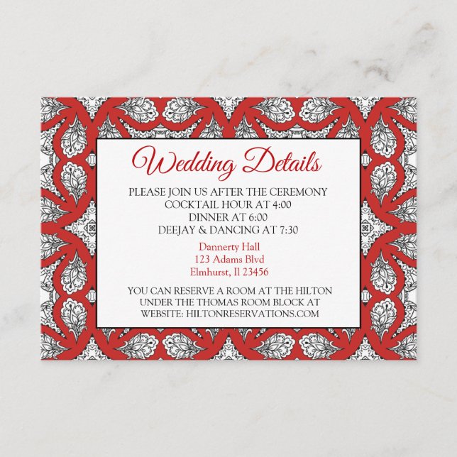 Recepción Tarjeta de detalles de Boda de Mandala negra y roj (Anverso)