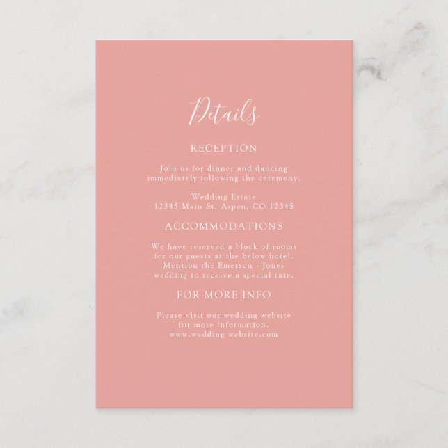 Recepción Tarjeta de Detalles de Boda de Melocotón (Anverso)