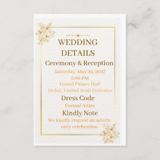 Recepción Tarjeta de Detalles de Boda de Oro Blanco Elegante