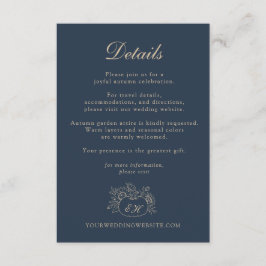 Recepción Tarjeta de Detalles de Boda de Otoño Navy Gold