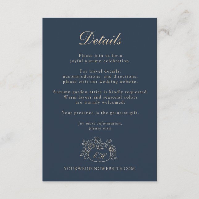 Recepción Tarjeta de Detalles de Boda de Otoño Navy Gold (Anverso)