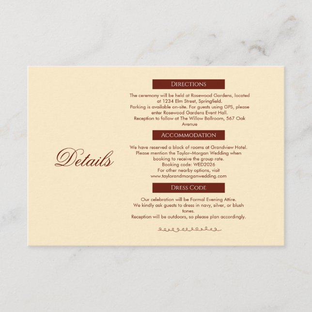Recepción Tarjeta de Detalles de Boda de Romance Clásico (Anverso)