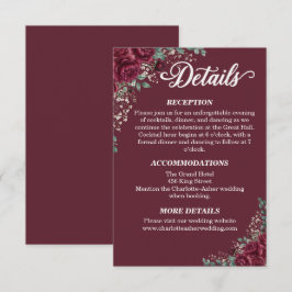 Recepción Tarjeta de Detalles de Boda de Rosa de Borgoña Euc