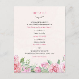 Recepción Tarjeta de Detalles de Boda de Rosas Rosadas | Flo