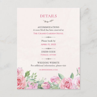 Recepción Tarjeta de Detalles de Boda de Rosas Rosadas | Flo