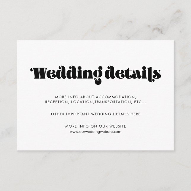 Recepción Tarjeta de detalles de boda de script retro de vin (Anverso)