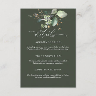 Recepción Tarjeta de detalles de boda de vegetación y oro