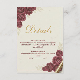 Recepción Tarjeta de Detalles de Boda Elegante Burgundy Flor