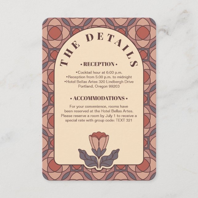 Recepción Tarjeta de detalles de boda floral Art Deco con có (Anverso)