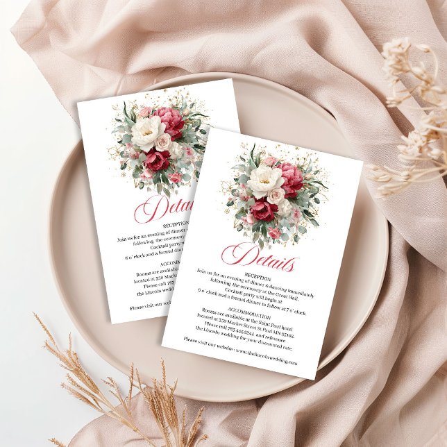 Recepción Tarjeta de detalles de boda floral Boho Borgoña Ru (Boho Burgundy Blush Floral Wedding Details Card)