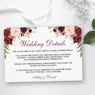 Recepción Tarjeta de detalles de boda floral de Borgoña W