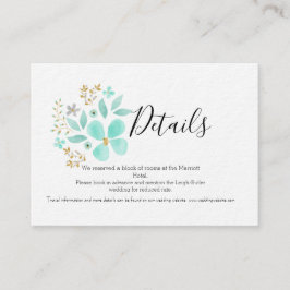 Recepción Tarjeta de detalles de boda floral dorada y turque