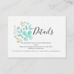 Recepción Tarjeta de detalles de boda floral dorada y turque