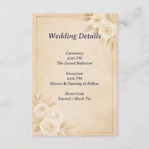 Recepción Tarjeta de Detalles de Boda Floral en Oro Beige