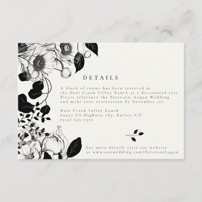 Recepción Tarjeta de detalles de boda floral negra (Anverso)