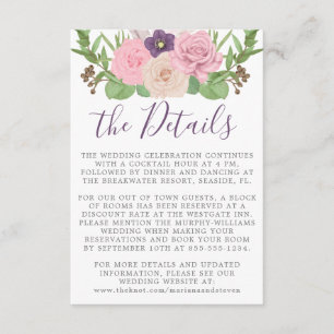 Recepción Tarjeta de detalles de boda floral rosa púrpura