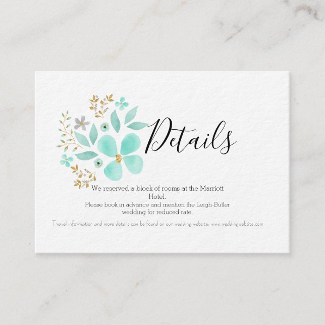 Recepción Tarjeta de Detalles de Boda Floral Teal y Dorado (Anverso)