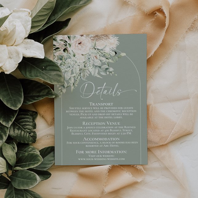 Recepción Tarjeta de Detalles de Boda Floral Verde Sage Boho (Boho Sage Green Floral Wedding Details Enclosure Card)