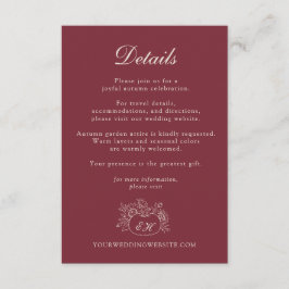 Recepción Tarjeta de Detalles de Boda Formal de Calabaza Bor