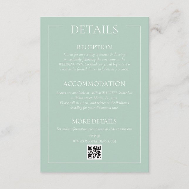 Recepción Tarjeta de detalles de boda formal verde (Anverso)