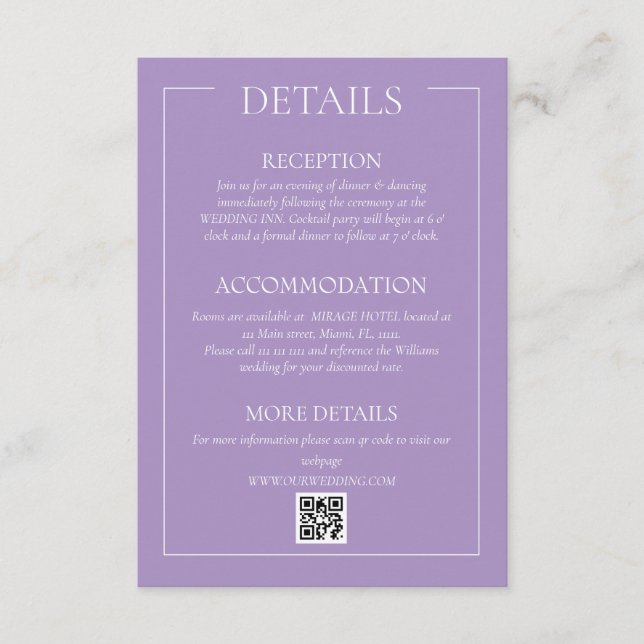 Recepción Tarjeta de detalles de boda formal violeta (Anverso)