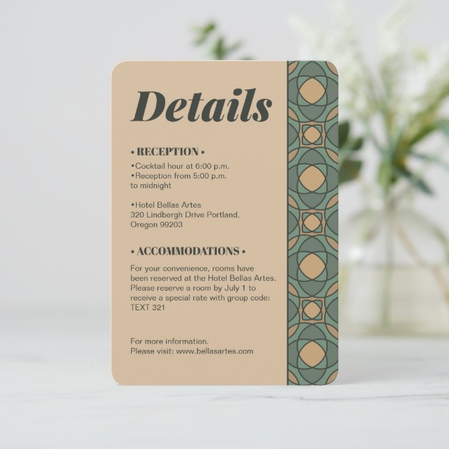Recepción Tarjeta de detalles de boda geométrica en verde sa (Anverso de pie)