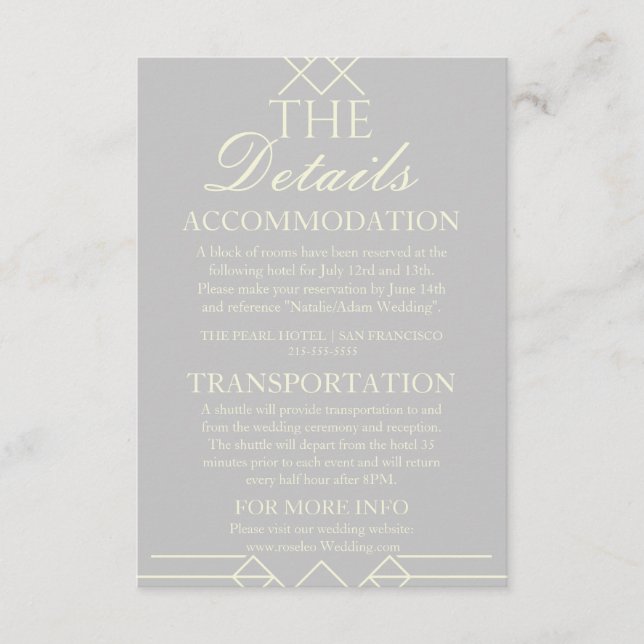 Recepción Tarjeta de Detalles de Boda Marfil y Plata (Anverso)