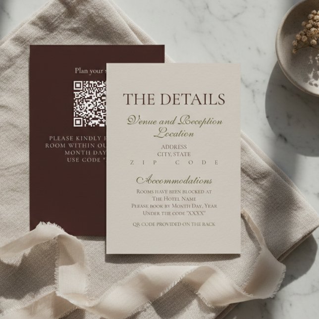 Recepción Tarjeta de detalles de boda marrón mousse moderna (Modern Mousse Brown Wedding Hotel Block Enclosure
)