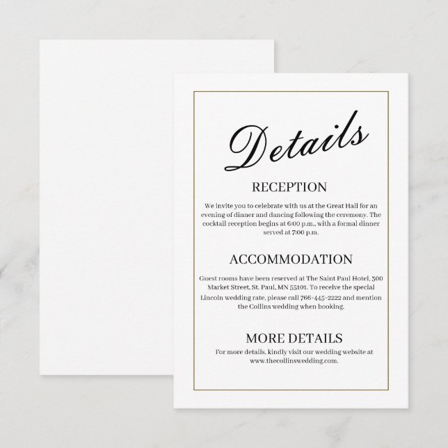 Recepción Tarjeta de Detalles de Boda Mínima (Anverso / Reverso)