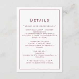 Recepción Tarjeta de detalles de boda minimalista en rosa or