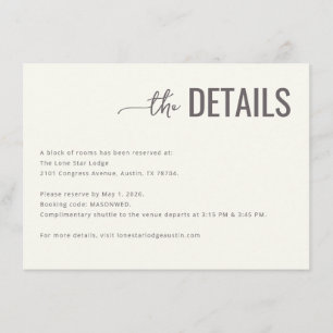 Recepción Tarjeta de Detalles de Boda Minimalista Gris Sofis