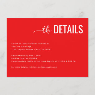 Recepción Tarjeta de Detalles de Boda Minimalista Rojo Inten