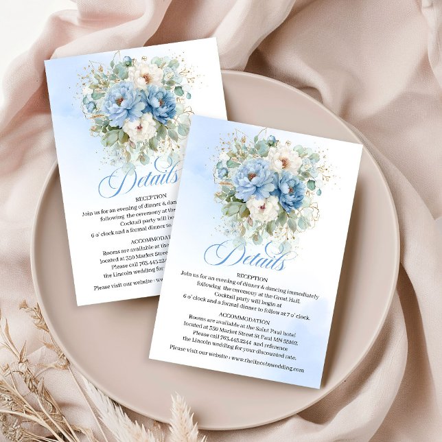 Recepción Tarjeta de detalles de boda polvorienta azul con p (Boho Dusty Blue Peonies White Wedding Details Card)