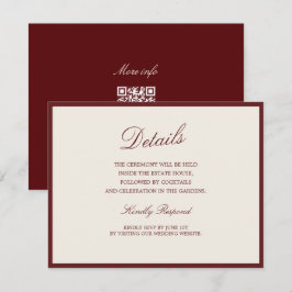 Recepción Tarjeta de Detalles de Boda QR Deep Wine Old Money