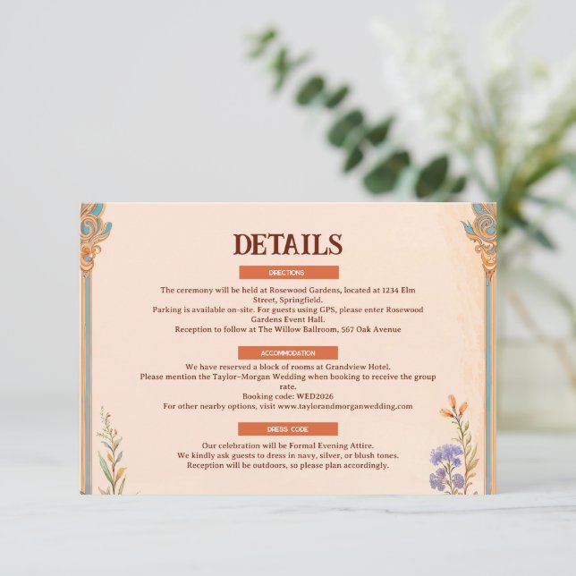 Recepción Tarjeta de Detalles de Boda Retro Chic (Anverso de pie)