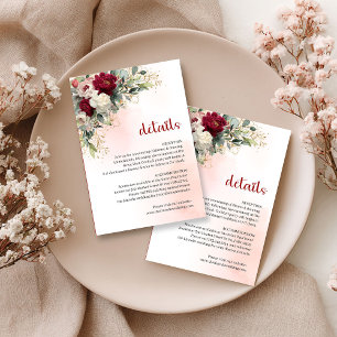 Recepción Tarjeta de Detalles de Boda Romántica Burgundy Flo